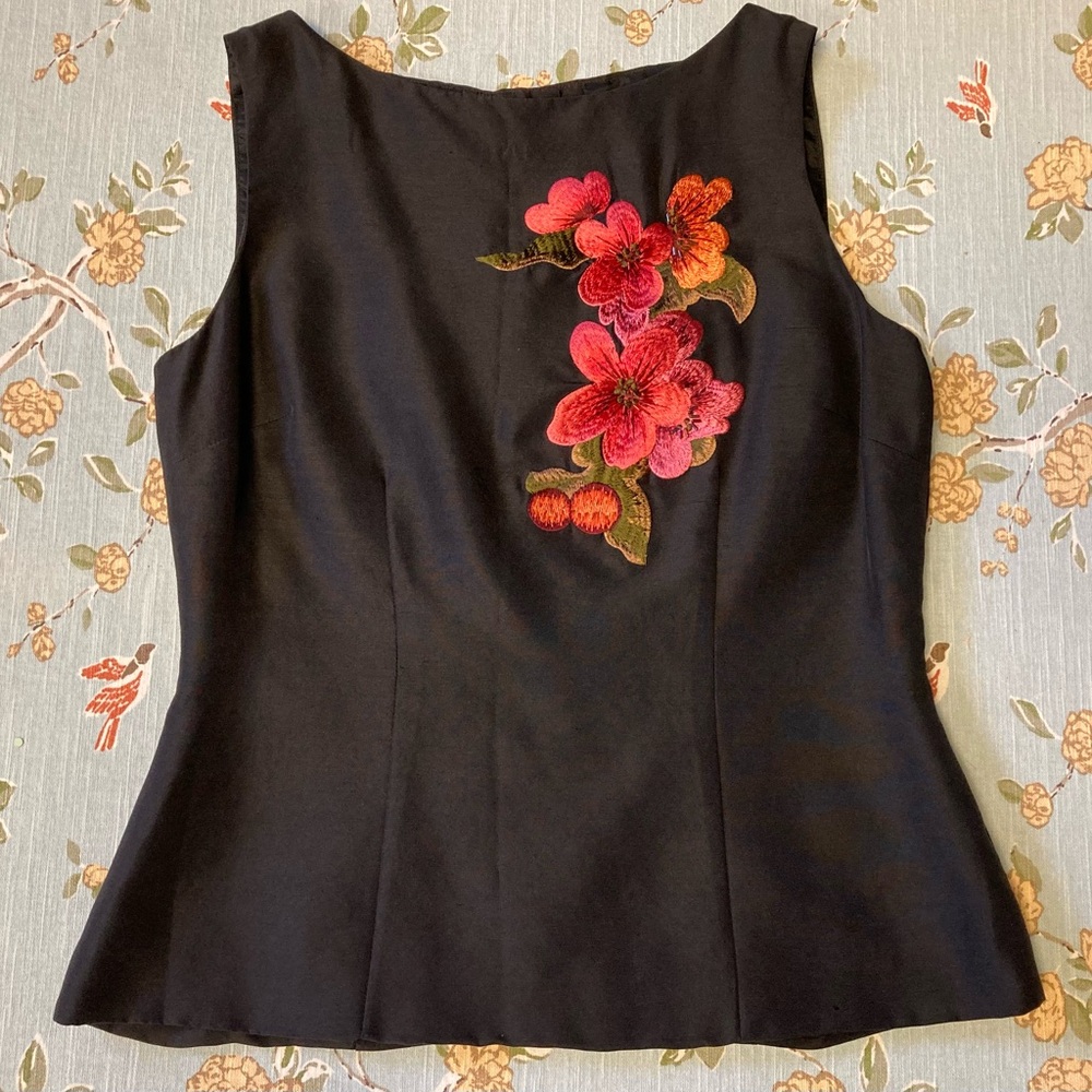 David Warren Black Embellished Fitted Silk Sleeveless Top